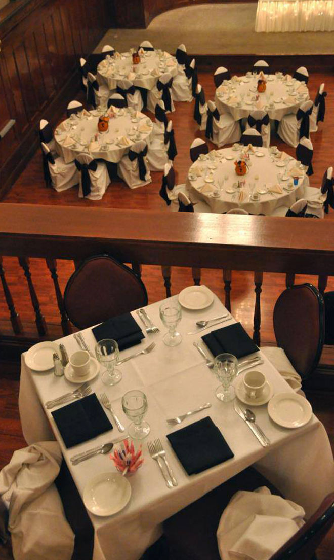 The Corinthian Event Center grand ballroom and mezzanine banquet room setup for a wedding.