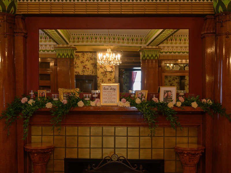 Fireplace decor at The Corinthian Event Center.